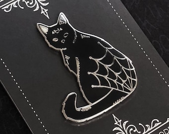 Spooky Black Cat Feline Familiar - Halloween Series Familiar Lapel Pins - 1.5" Hard Enamel - Black - Silver - Goth - Witchy