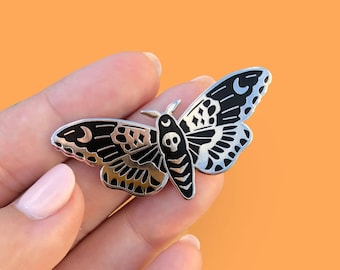 Midnight Menagerie Moon Moth Hard Enamel Pin - 2" - Silver - Spooky - Halloween - Black - Witchy