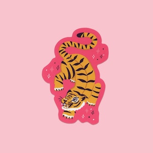 Tigre rose impertinent - autocollants en vinyle - 3 x 2 po. - rose - chose sauvage - inspiré d'un tatouage - mignon