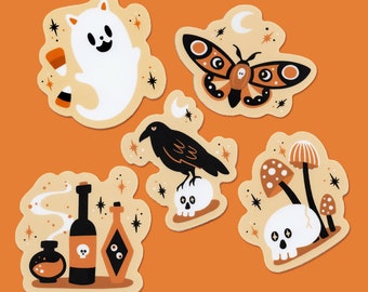 Midnight Menagerie Spooky Sticker Set - Vinyl Die-Cut Stickers  - Halloween - Vintage - Spooky - Witchy - Moth - Mushroom - Skull - Raven