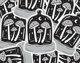 Midnight Menagerie Spooky Mushrooms Bell Jar Sticker  -  Vinyl Die-Cut Stickers - 3" x 2.5" - Spooky - Black - Midnight