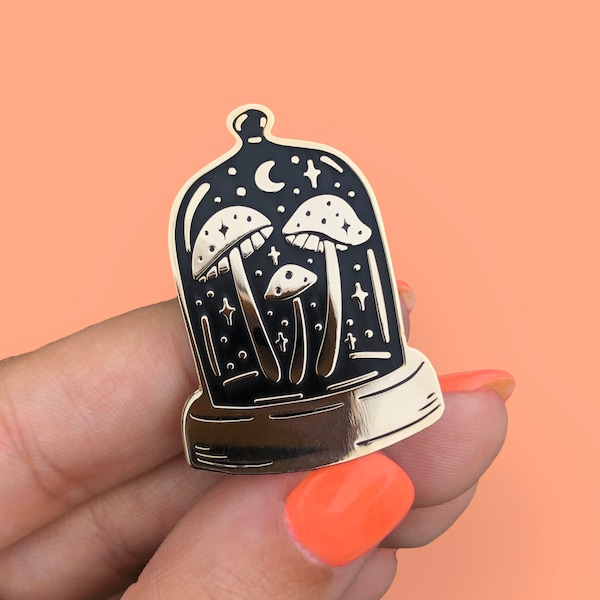 Midnight Menagerie Magic Mushrooms Bell Jar Hard Enamel Pin - 1.5" - Gold - Spooky - Halloween - Cottage Core - Black - Witchy