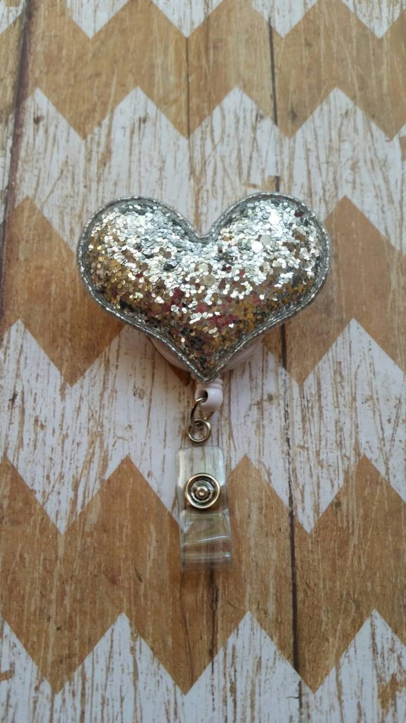 Silver Glitter heart badge reel Glitter heart badge Etsy