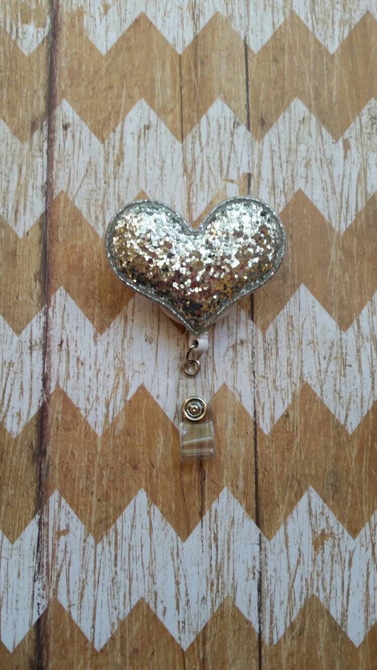Silver Glitter heart badge reel Glitter heart badge Etsy