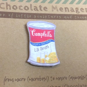 Handmade LB Broth Campbell's Canned Soup Pin / Lapel Pin or Button or Brooch / Funny Science Art