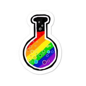 Puede incluir: Un vaso de precipitados de vidrio con colores de arcoíris, con una parte superior negra y burbujas blancas en su interior. El vaso de precipitados está sobre un fondo blanco.