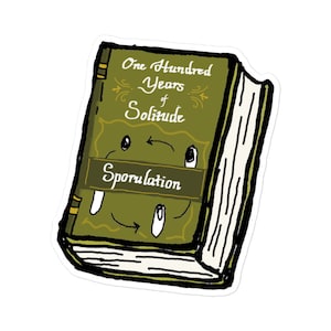 May include: A green book with a gold spine and the title "One Hundred Years of Solitude" with the word "Sporulation" on a banner below the title.