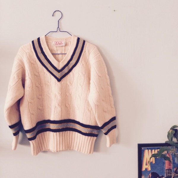 Chunky Thick Cricket /  SPORTS Jumper - VINTAGE Cream Fisherman Wool Cable Knit Jumper - Size M