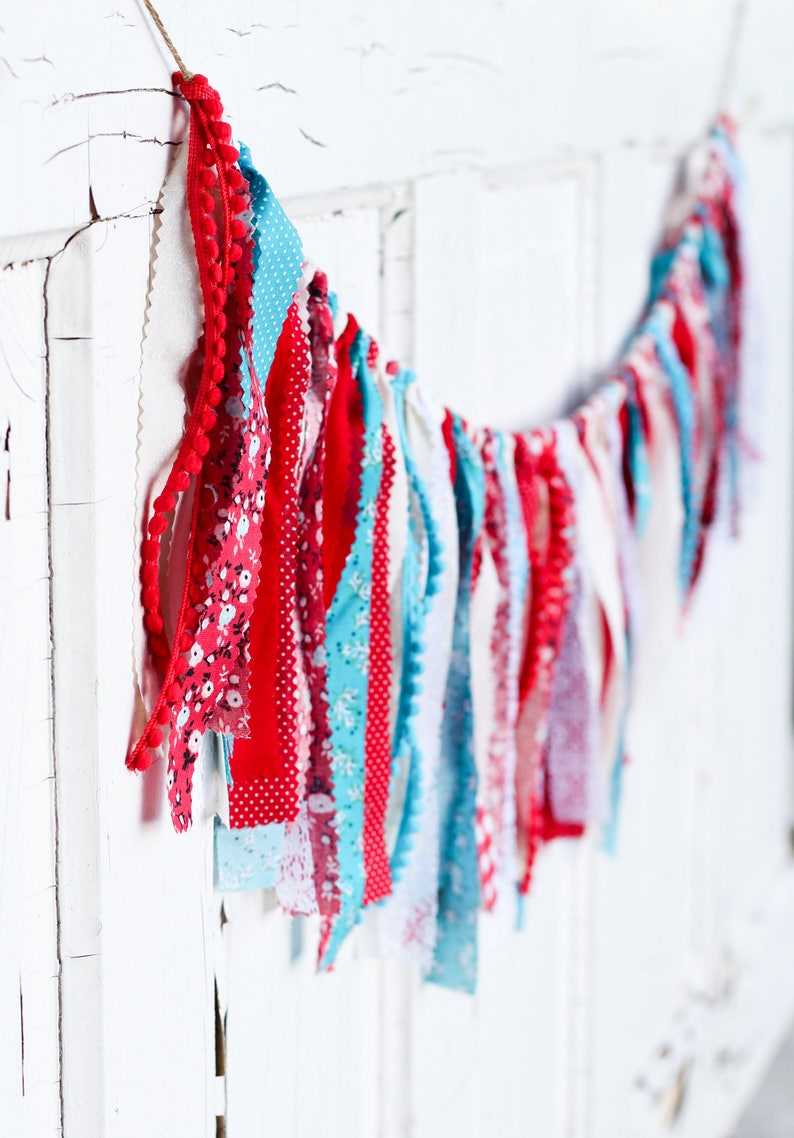Cloth Banner Red Teal Fabric Garland Birthday Bunting Carnival Farmers Market Circus Vintage Lace Shabby Chic Gingham Baby Shower Wedding