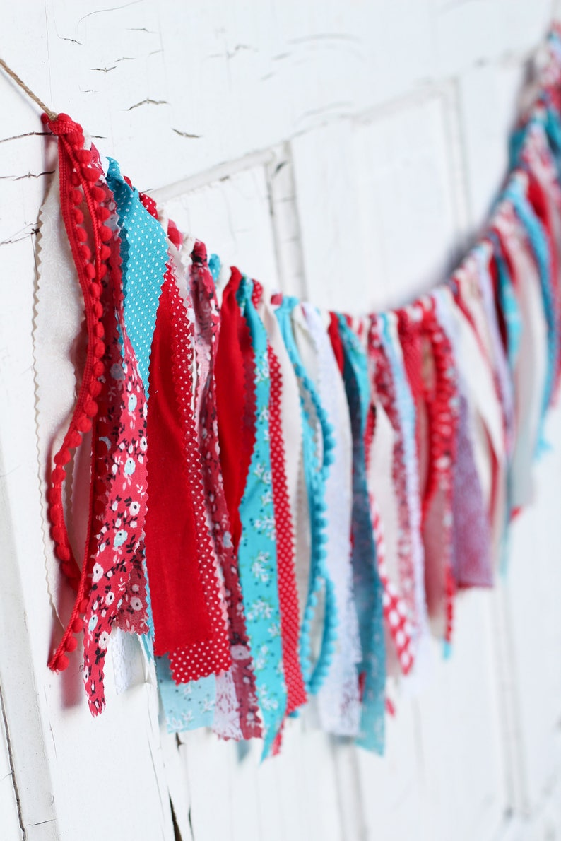 Cloth Banner Red Teal Fabric Garland Birthday Bunting Carnival Farmers Market Circus Vintage Lace Shabby Chic Gingham Baby Shower Wedding