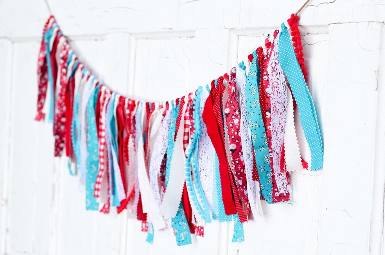Cloth Banner Red Teal Fabric Garland Birthday Bunting Carnival Farmers Market Circus Vintage Lace Shabby Chic Gingham Baby Shower Wedding