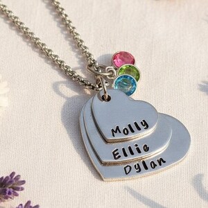 Three Name Heart Necklace with Birthstone Crystals – Personalised Gift