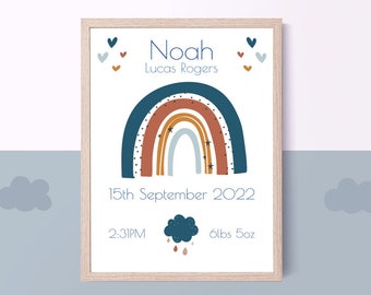 New Baby Boy Personalised Print | New Baby Print | Blue Rainbow Nursery Decor | Personalised Baby Gift | Birth Details Print | Birth Stats