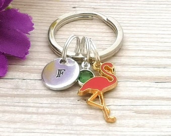 Personalised Pink Flamingo Charm Keyring With Birthstone Crystal & Initial, Birthday Gift For Daughter, Flamingo Gift, Girls Stocking Filler
