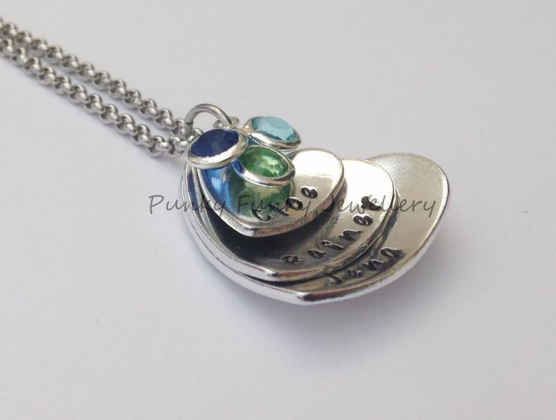 birthday month gift Mothers Day name pendant Birthstone heart necklace Mother of three Gift from children personalised necklace