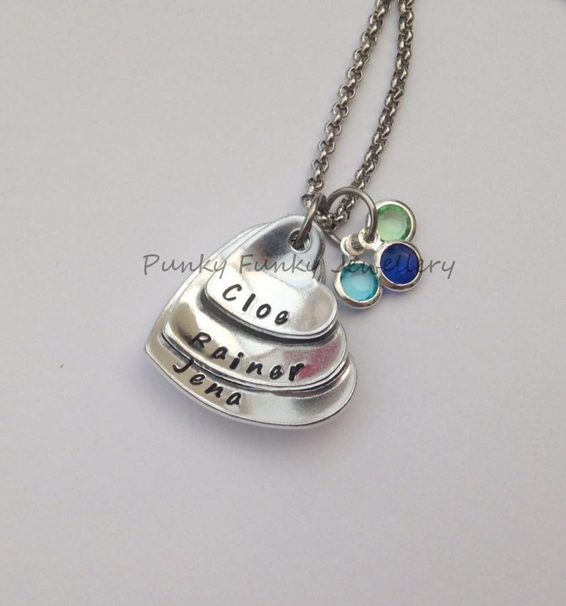 birthday month gift Mothers Day name pendant Birthstone heart necklace Mother of three Gift from children personalised necklace