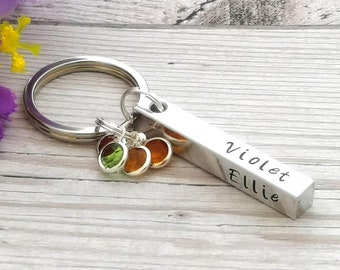 Personalised Keyring With Birthstone Crystals | Four Name Keyring | Chunky Bar Keychain | Custom Word Keyring | Gift For Mum | Birthday Gift