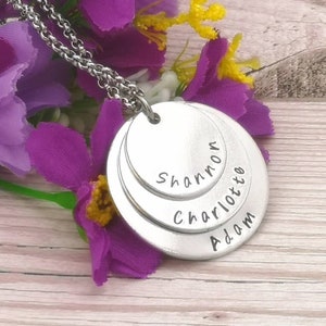Personalised Three Name Necklace, Triple Stacked Circle, Children&#39;s Names, Family Necklace, Name Jewellery, Gift For Sister, Mum, Grandma