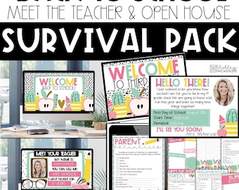May include: Back to school survival pack with colourful digital printables for teachers and parents. The printables include a welcome back to school sign, a meet the teacher sign, a parent volunteer form, and a transportation form. The printables feature a green, pink, and yellow colour scheme with a cactus and apple design.