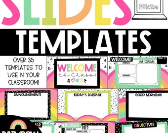 May include: A set of colorful digital slides with a rainbow theme. The slides are designed for use in a classroom and include templates for announcements, today's schedule, good morning, objectives, and a welcome to class slide. The slides feature a rainbow, hearts, and geometric shapes.