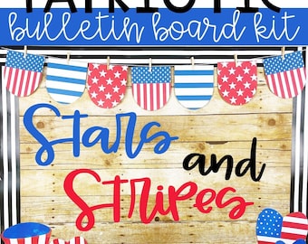 May include: A bulletin board kit with a woodgrain background and a red, white, and blue stars and stripes theme. The kit includes a banner with red, white, and blue stars and stripes, a title that says "Stars and Stripes", and a variety of other patriotic decorations.