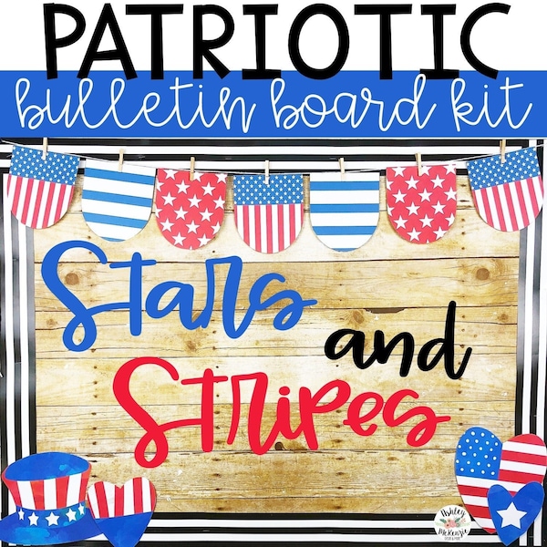 May include: A bulletin board kit with a woodgrain background and a red, white and blue stars and stripes theme. The kit includes a banner with red, white and blue stars and stripes, a title that says "Stars and Stripes", and a variety of other patriotic decorations.