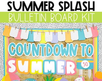 Kit de tablón de anuncios de fin de año, cuenta regresiva para el verano, decoraciones fáciles de temporada para el aula, tema Summer Splash