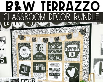 Black and White Terrazzo Themed Classroom Decor Bundle, Editable Classroom Decor, Easy and Modern Classroom Decorations