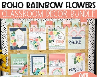 Boho Rainbow Flowers Classroom Decor Bundle, Easy and Modern Classroom Decorations
