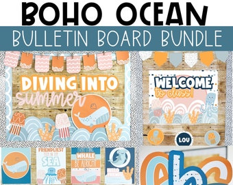 Boho Ocean Back to School Classroom Decor, Bulletin Board Kit, Classroom Posters, Door Decor, A-Z Letters, Easy Classroom Decorations