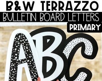 Black & White Terrazzo Classroom Decor, Primary Font A-Z Bulletin Board Letters, Punctuation, Numbers, Easy Back to School Class Decorations