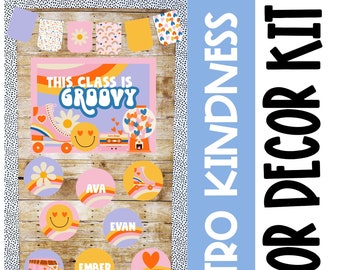 May include: Retro-themed classroom door decor kit with a groovy theme. Includes a sign that says "This class is groovy", a smiley face, a roller skate, a gumball machine, and several name tags with colorful backgrounds.