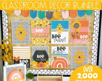 Honey Bee Classroom Decor Bundle Bright Classroom Theme Back to School Bulletin Board Ideas Teacher Organizing Labels Binder Covers Calendar
