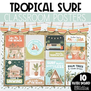 Tropical Surf Classroom Posters, Easy and Modern Classroom Decorations, Text Editable Posters