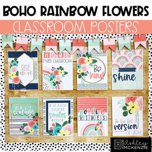 Boho Rainbow Flowers Classroom Posters, Easy and Modern Classroom Decorations, Text Editable Posters