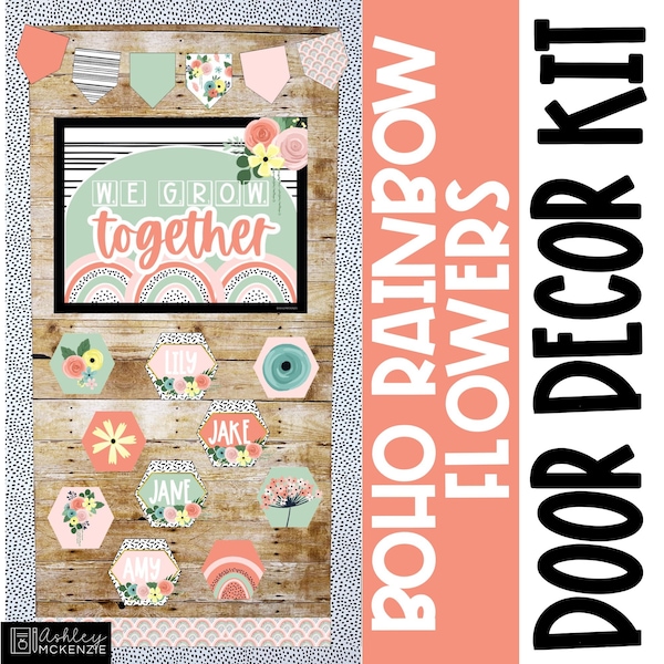 Boho Rainbow Flowers Classroom Door Decor Kit, Back to School, Easy and Modern Classroom Decorations