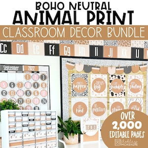 Boho Neutral Animal Print Classroom Decor Bundle, Easy and Modern Classroom Decorations