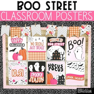 Pósteres de Halloween para el aula, tema de Boo Street, decoración de otoño para el aula, decoraciones sencillas para el aula durante las fiestas, pósteres con texto editable