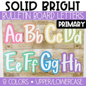 Letras, puntuación y números para tablones de anuncios de la A a la Z con fuentes primarias sólidas y brillantes, decoraciones para el aula sencillas y modernas