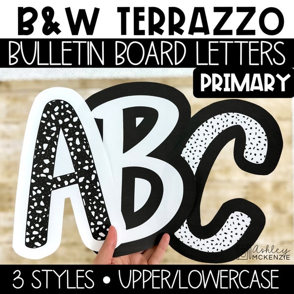 Black & White Terrazzo Classroom Decor, Primary Font A-Z Bulletin Board Letters, Punctuation, Numbers, Easy Back to School Class Decorations