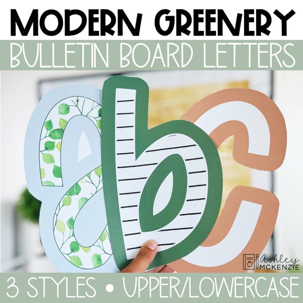 Modern Greenery Classroom Decor, A-Z Bulletin Board Letters, Punctuation, and Numbers, Easy and Modern Classroom Decorations