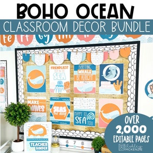 Boho Ocean Classroom Decor Bundle Modern Back to School Bulletin Board Ideas Elementary Classroom Decor Theme Preschool