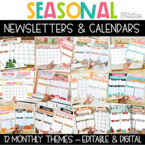 Plantillas editables de boletines informativos de temporada y paquete de calendario para todo el año, recursos para el aula digital, compatible con Google Slides ™