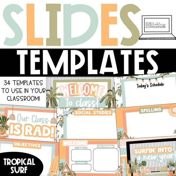 Tropical Surf Google Slides and PowerPoint Templates, Modern Class Decor, Digital Classroom Resources, compatible with Google Slides ™