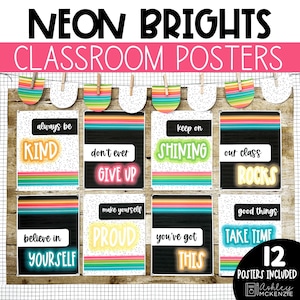 Neon Brights klaslokaalposters, eenvoudige en moderne klaslokaaldecoraties, tekstbewerkbare posters