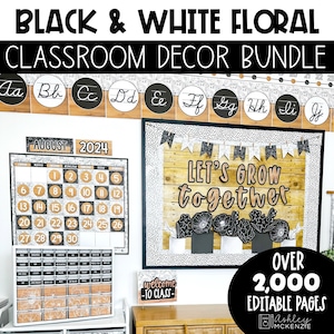 Floral Black and White Classroom Decor Bundle Neutral Wildflowers Theme Editable Calm Colors Classroom Decor Back to School Decor