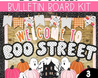 Kit per bacheca di Halloween, decorazioni autunnali per l'aula, kit per decorazioni autunnali per porte, attività di scrittura sulla casa stregata, tema Benvenuti a Boo Street