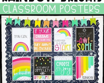 Pósteres para el aula con mentalidad de crecimiento arcoíris, decoraciones para el aula sencillas y modernas, pósteres con texto editable