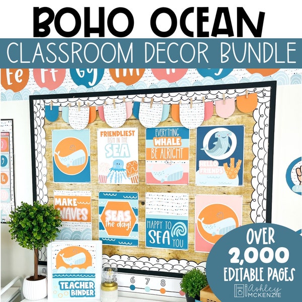 Boho Ocean Classroom Decor Bundle, Easy and Modern Classroom Decorations