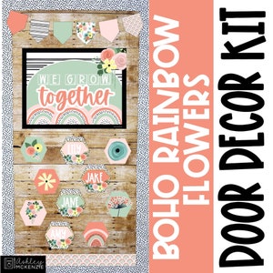 Boho Rainbow Flowers Classroom Door Decor Kit, Back to School, Easy and Modern Classroom Decorations